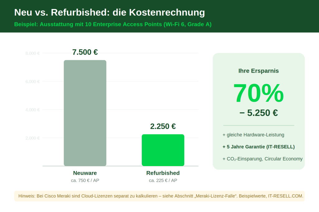 Balkendiagramm Kostenvergleich neue und refurbished Access Points mit 70 Prozent Ersparnis