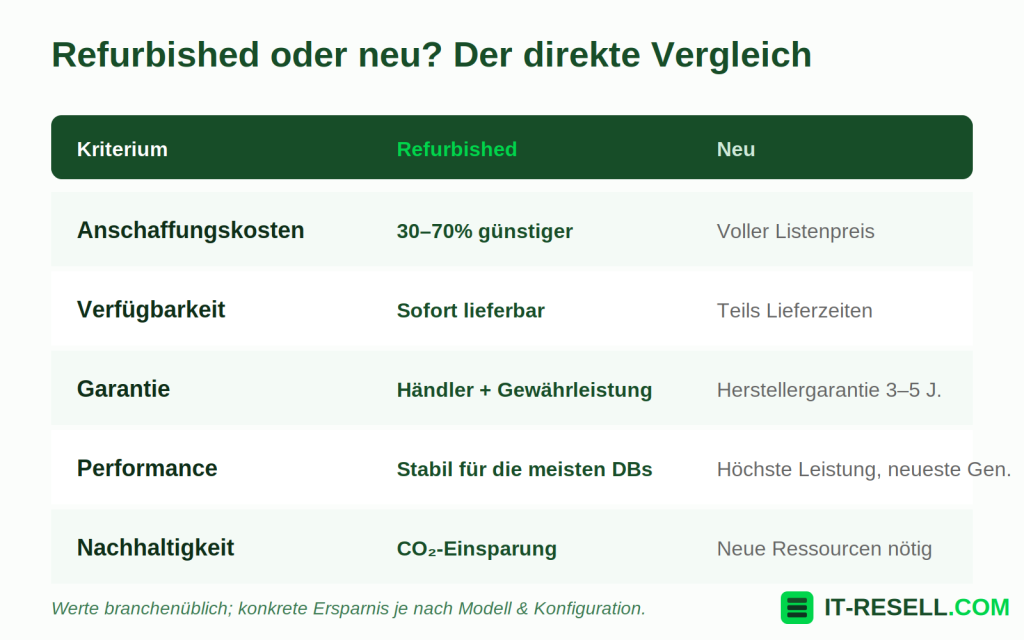 Vergleichstabelle refurbished gegen neue Datenbankserver: Kosten, Garantie, Performance, Nachhaltigkeit