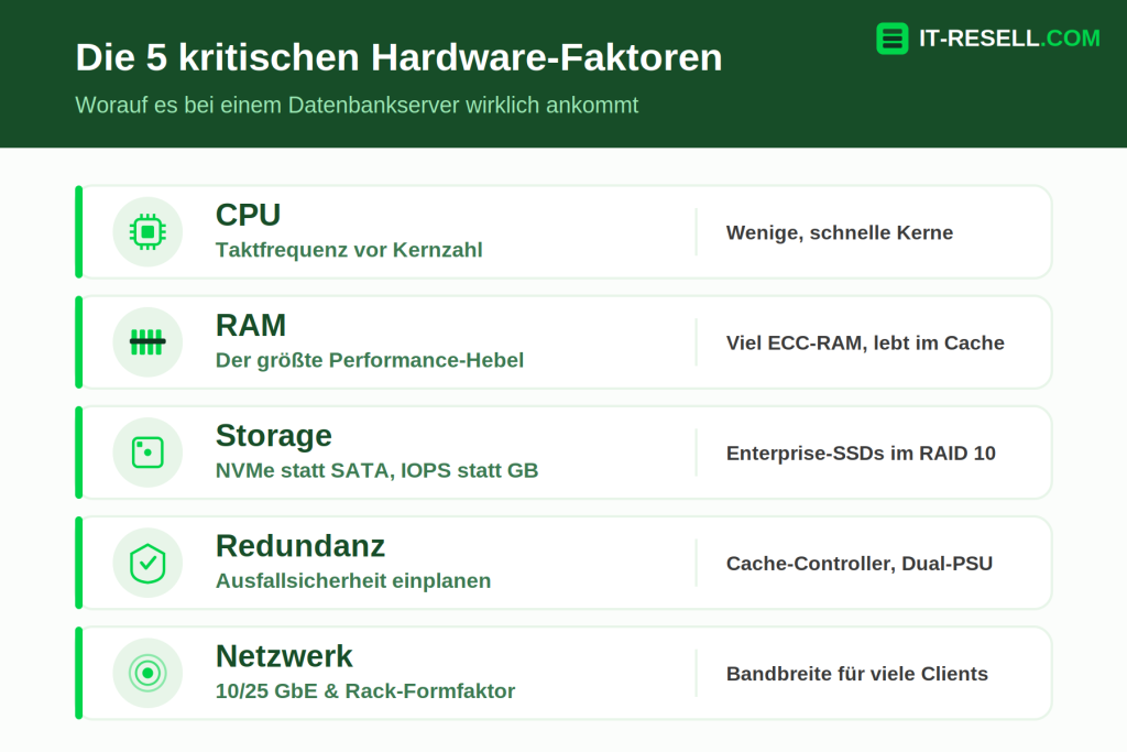 Infografik fünf Hardware-Faktoren Datenbankserver: CPU, RAM, Storage, Redundanz, Netzwerk