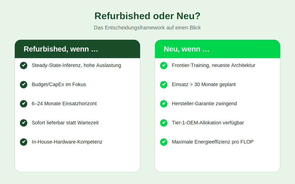 Gegenüberstellung der Kaufkriterien refurbished gegen neue GPU-Hardware