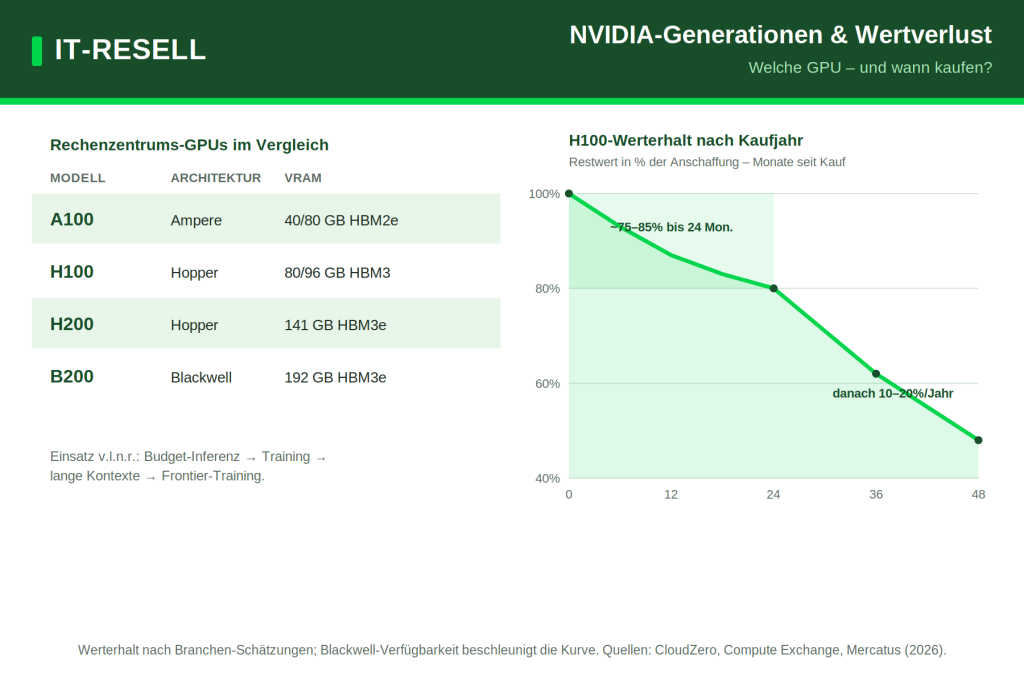 Vergleich A100, H100, H200, B200 und H100-Werterhaltskurve über 48 Monate