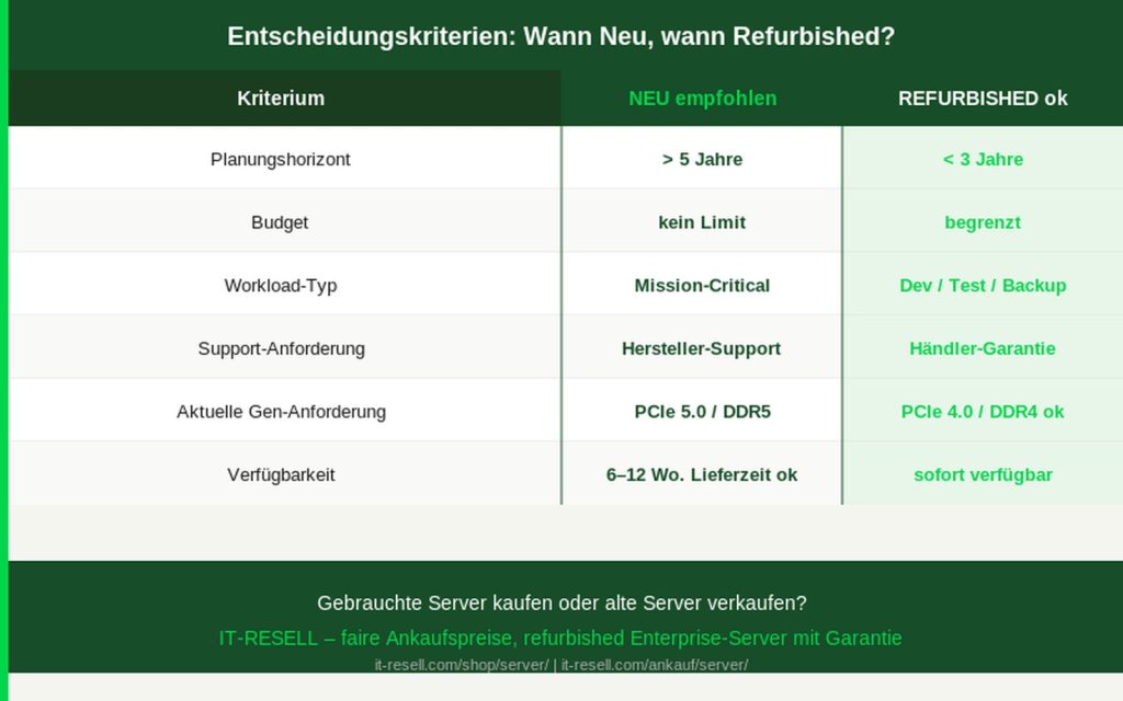 Tabelle Entscheidungskriterien neuer versus refurbished Server nach Budget, Workload und Planungshorizont