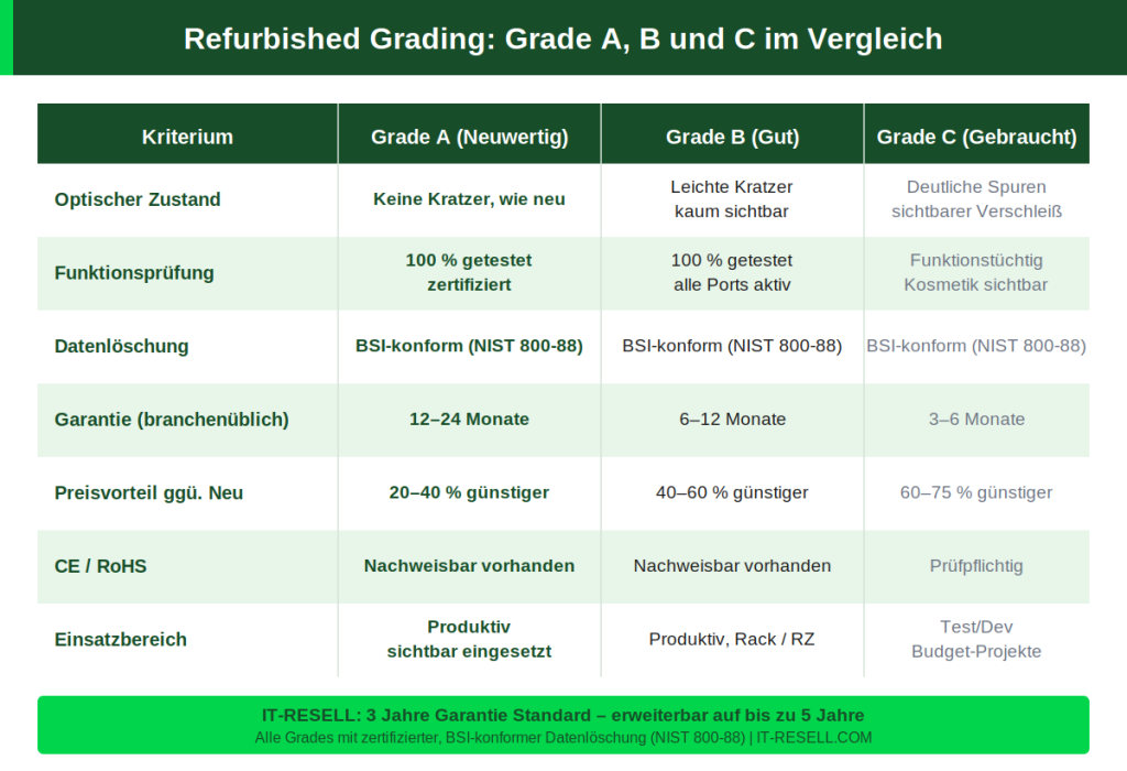 Vergleich Refurbished Grade A B C Zustand Garantie Preisvorteil IT-RESELL