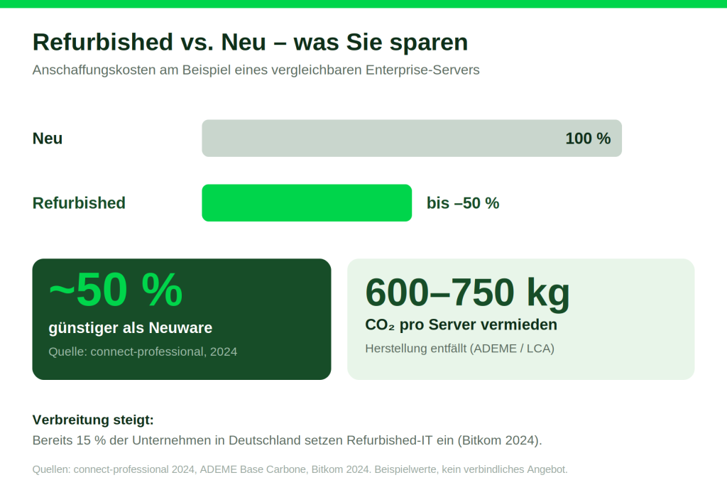 Balkenvergleich Kostenersparnis und CO2 refurbished gegenüber neuem Server