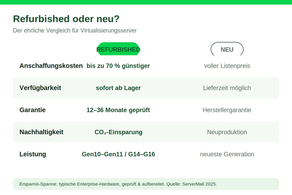 Vergleichstabelle refurbished gegen neue Server: Kosten, Verfügbarkeit, Garantie, Nachhaltigkeit, Leistung