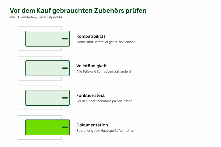 Vierteilige Checkliste im Schubladen-Design für den Kauf gebrauchten Netzwerkzubehörs