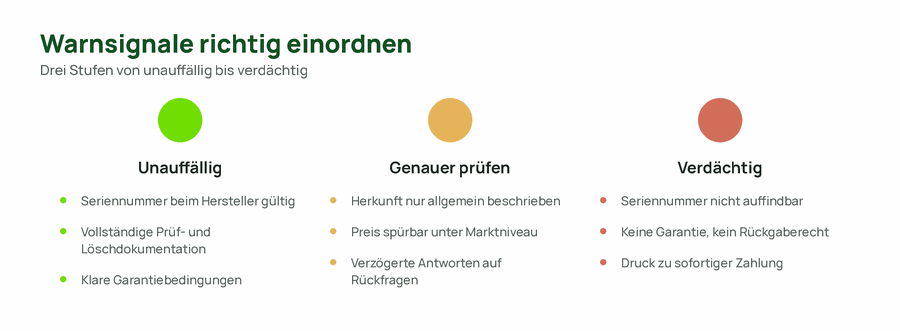 Ampel-Darstellung von Warnsignalen beim Kauf gebrauchter Hardware in drei Stufen