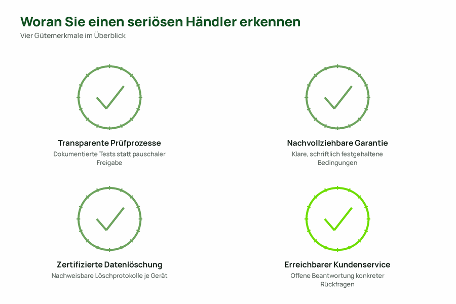 Vier Gütesiegel-Symbole für die Merkmale eines seriösen Refurbished-Händlers