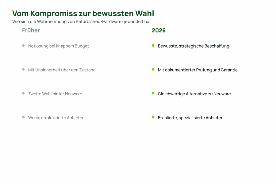 Gegenüberstellung der früheren und heutigen Wahrnehmung von Refurbished-Hardware