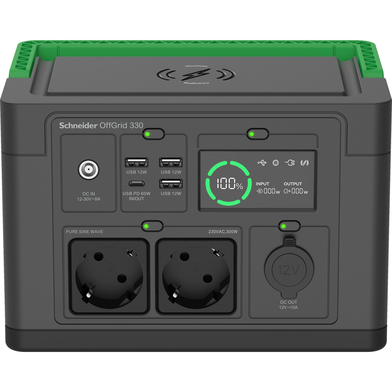 APC Schneider OffGrid 330 - Tragbares kraftwerk - LCD, Lithium - Ionen, 2 CEE 7/3 Schuko - Steckdosen, Sinuswelle, 3 USB - A, 1 USB - C, kabelloses Laden - IT - RESELL