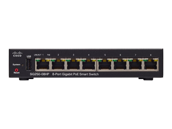 Cisco 250 Series SG250 - 08HP - Switch - Smart - 8 x 10/100/1000 (PoE+) - IT - RESELL