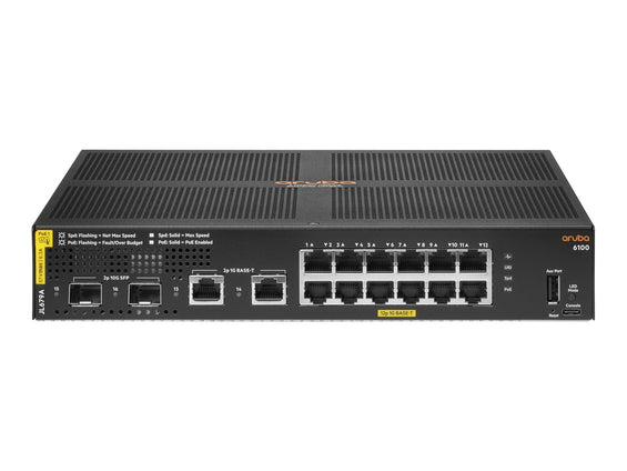 HPE Aruba 6100 12G Class4 PoE 2G/2SFP+ 139W Switch - Switch - managed - 12 x 10/100/1000 (PoE+) - IT - RESELL