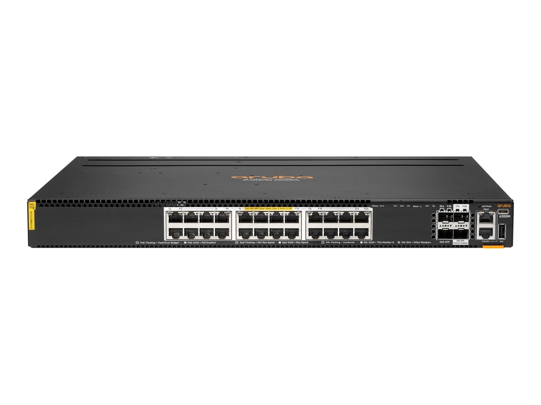 HPE Aruba Networking CX 6300M 24p Smart Rate 1G/2.5G/5G/10G Class6 PoE 2p 50G 2p 25G Switch - Switch - L3 - managed - 24 x 100/1000/2.5G/5G/10GBase - T (4PPoE) - IT - RESELL