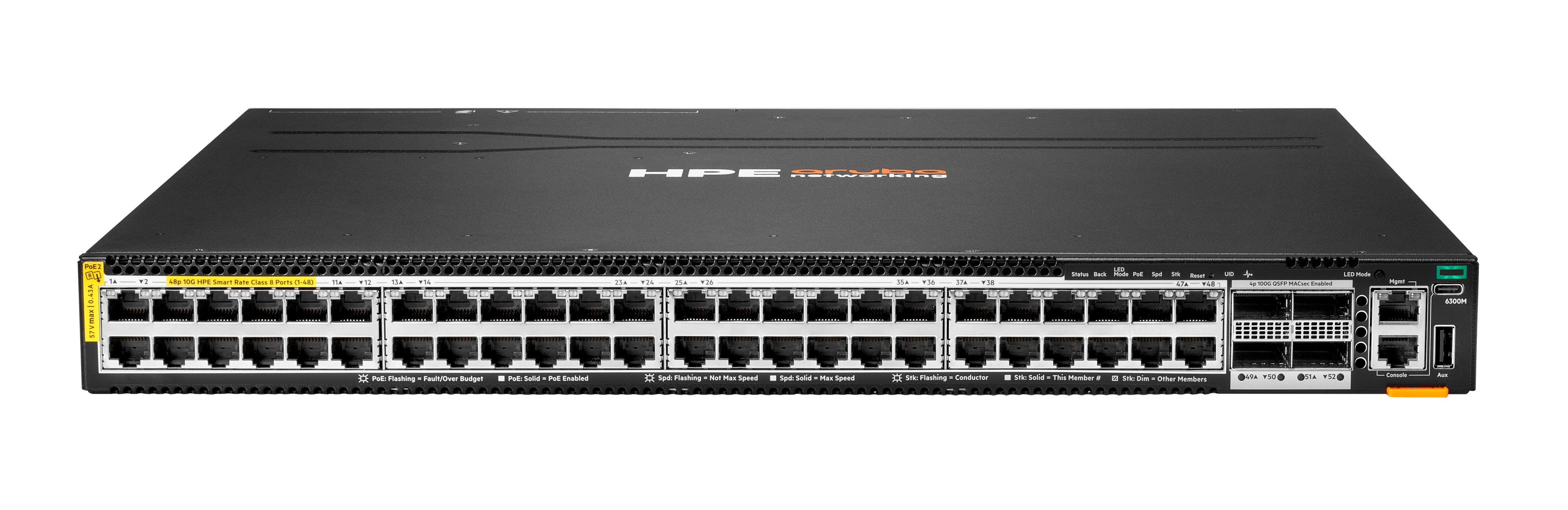 S0E91A - HPE Aruba Networking CX 6300M 48p 1G/2.5G/5G/10G PoE Switch, 4p 100G MACsec, L3, managed - horizontal mount
