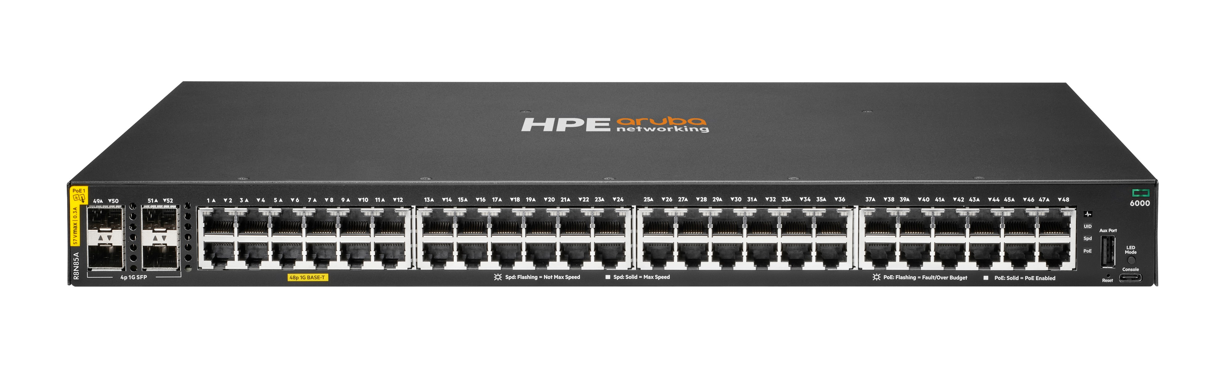 R8N85A - HPE Aruba 6000 48G PoE Switch, 4SFP, 370W, Managed - 48 x 10/100/1000