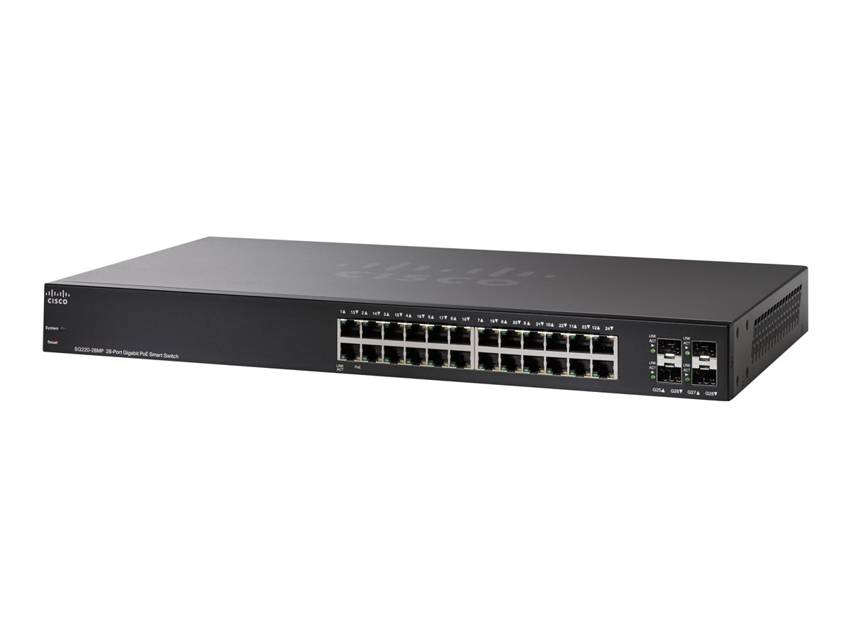 SG220-28MP-K9-EU - Cisco 220 Series SG220-28MP - Switch - managed - 24 x 10/100/1000 + 4 x Gigabit SFP - Desktop, an Rack montable - PoE (375 W)