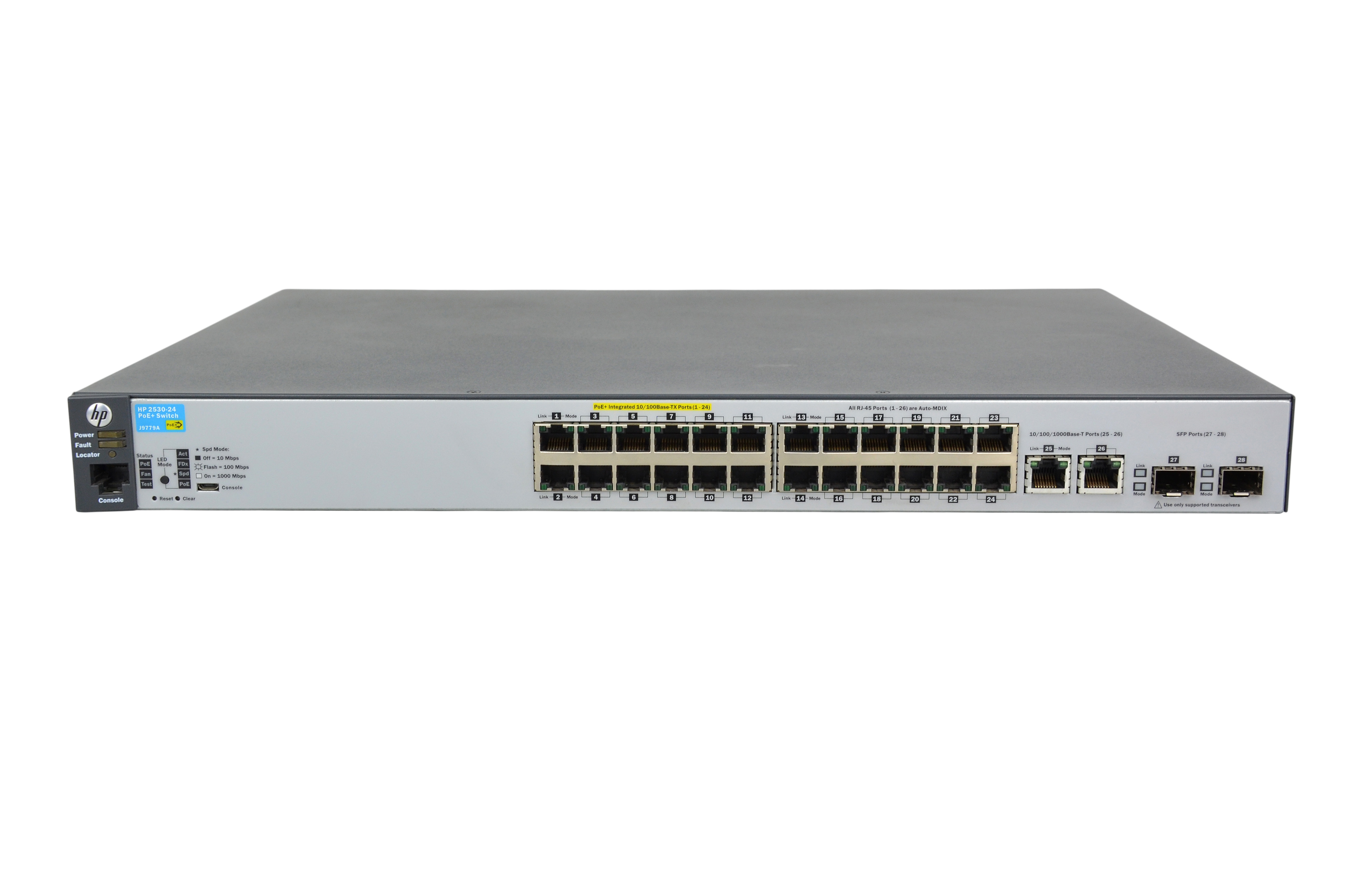 J9779A - HPE Aruba 2530-24-PoE+ Switch, 24 x 10/100 + 2 x Gigabit SFP, Desktop/Rack/Wall Mount, PoE+ (195 W)