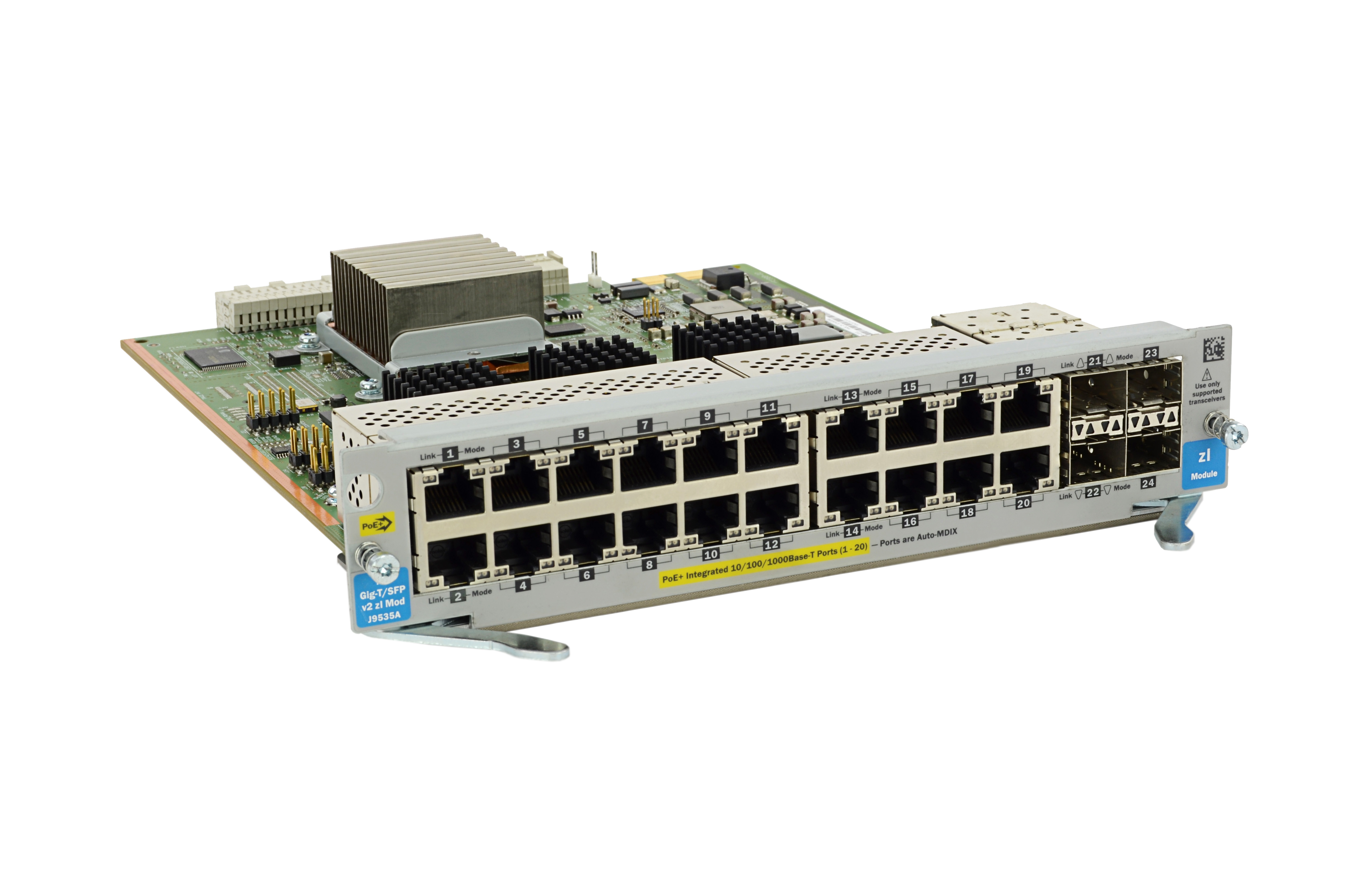 J9535A - HPE 20-port Gig-T PoE+ / 4-port SFP v2 zl Module, Gigabit Ethernet, 10,100,1000 Mbit/s, 1000BASE-T, 100BASE-TX, 10BASE-T, IEEE 802.3, IEEE 802.3ab, IEEE 802.3at, IEEE 802.3u, SFP, 1 Gbit/s