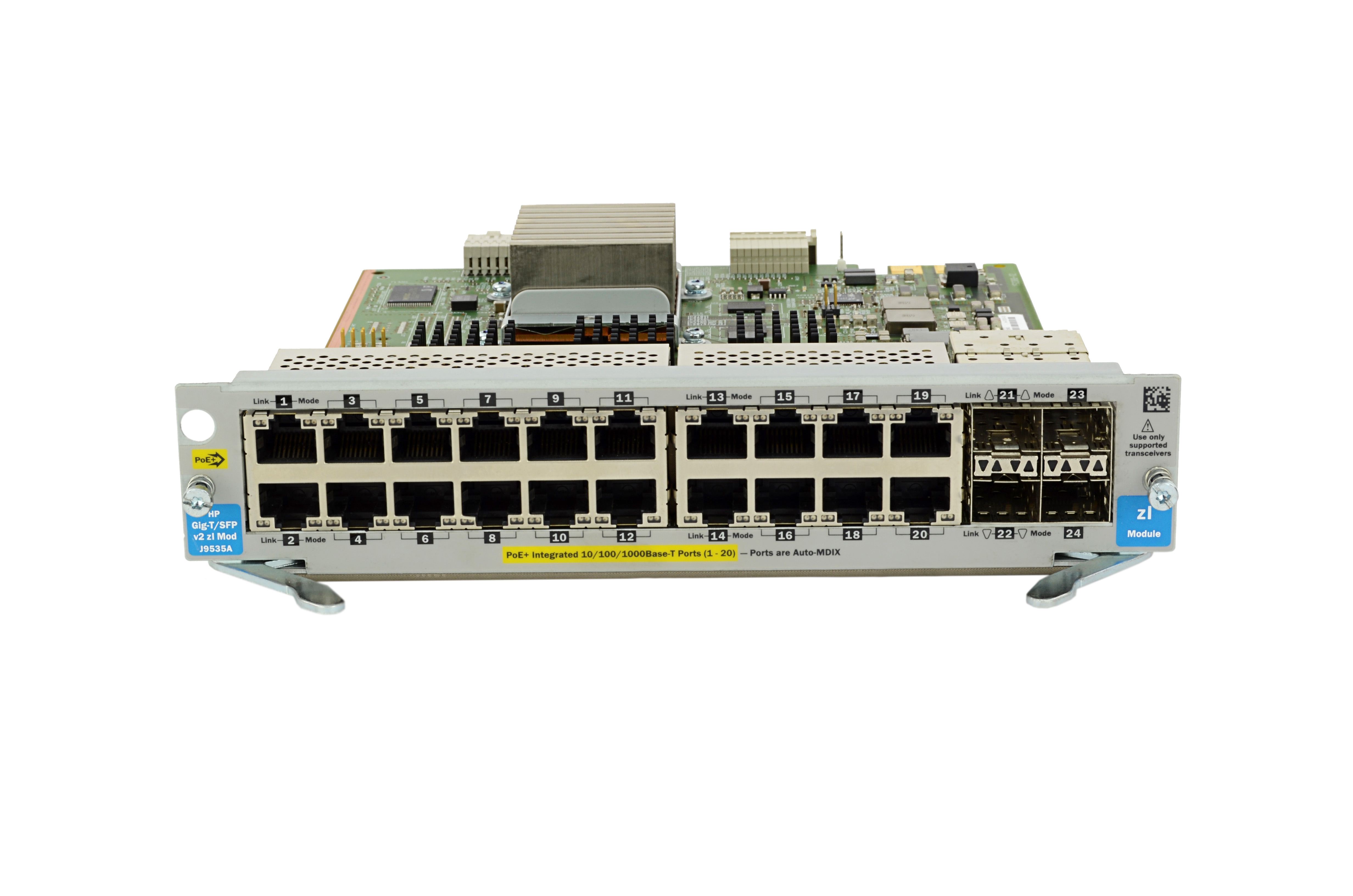 J9535A - Modulo HPE a 20 porte Gig-T PoE+ / 4 porte SFP v2 zl, Gigabit Ethernet, 10, 100, 1000 Mbit/s, 1000BASE-T, 100BASE-TX, 10BASE-T, IEEE 802.3, IEEE 802.3ab, IEEE 802.3at, IEEE 802.3u, SFP, 1 Gbit/s