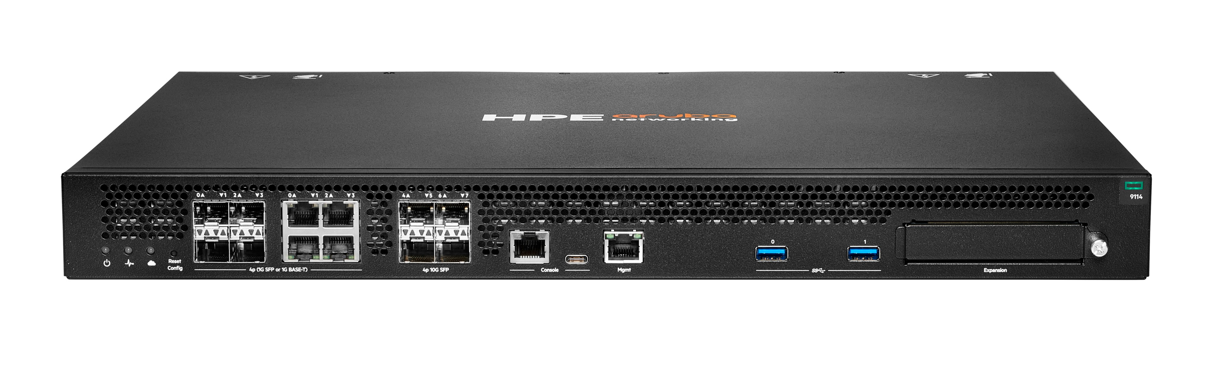 R9M46A - HPE Aruba Networking 9114DC 4x SFP+ 4x Combo 1x Expansion Slot Hybrid Gateway, Black, 1U, Rack-mounted, 280,165 h, 1,000, 10,000 Mbit/s, 20,000 Mbit/s