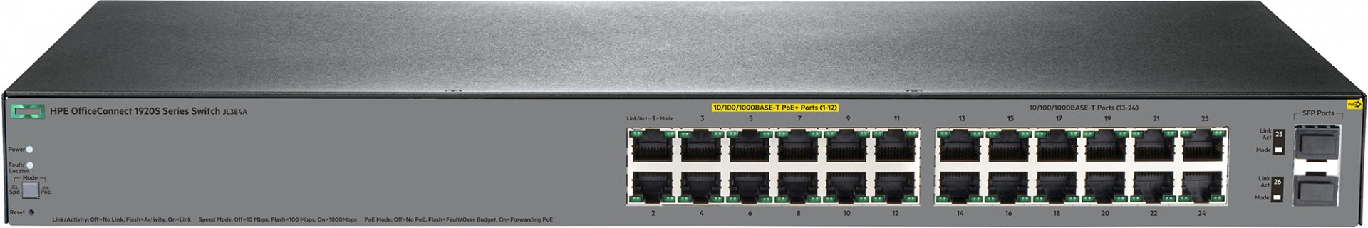 JL384A - HPE OfficeConnect 1920S 24G 2SFP PPoE+ 185W - Switch - L3 - Smart - 12 x 10/100/1000 (PoE+)