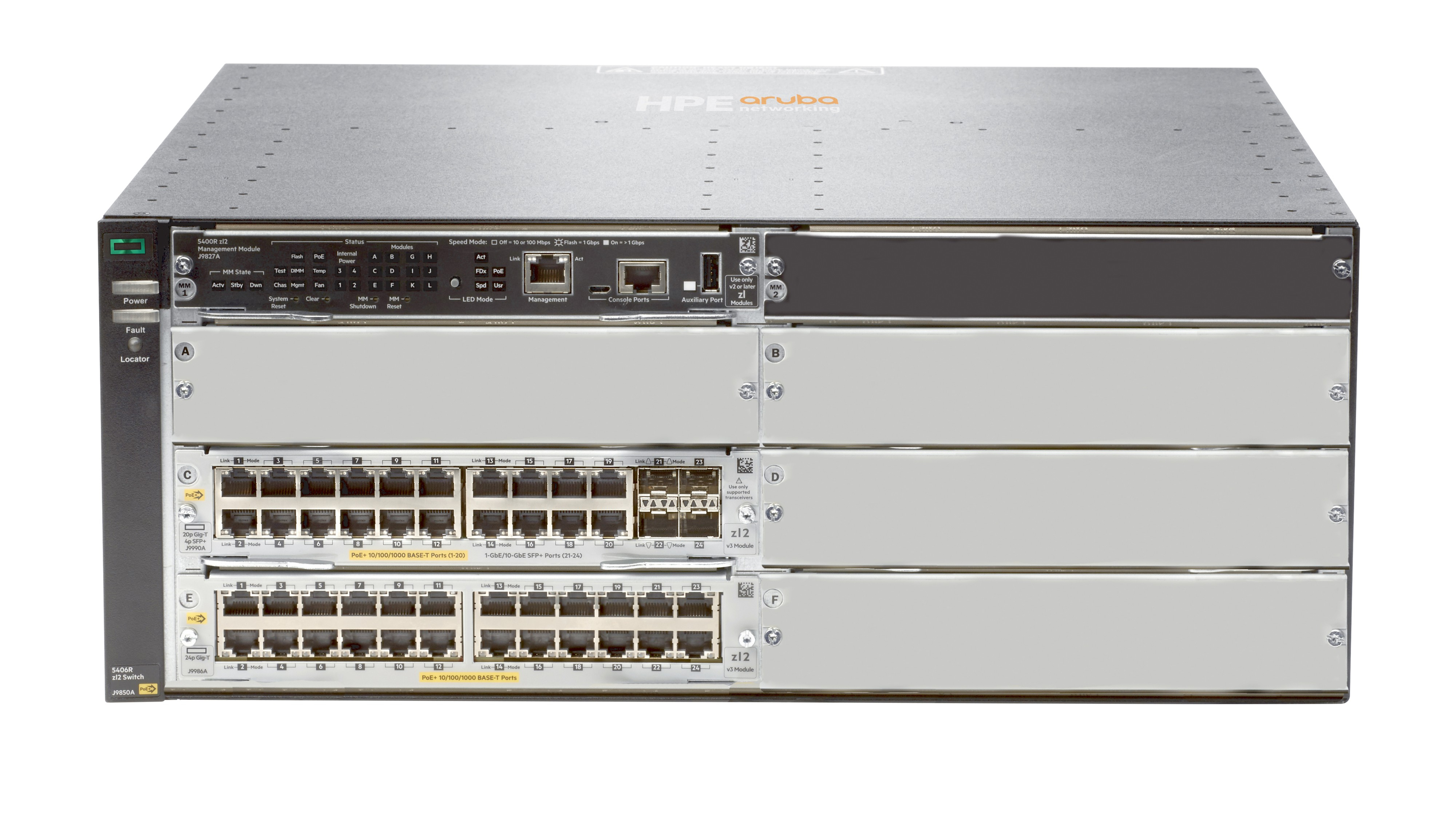 JL003A - HPE Aruba 5406R 44GT PoE+/4SFP+ (No PSU) v3 zl2 Switch, 44x 10/100/1000 (PoE+)