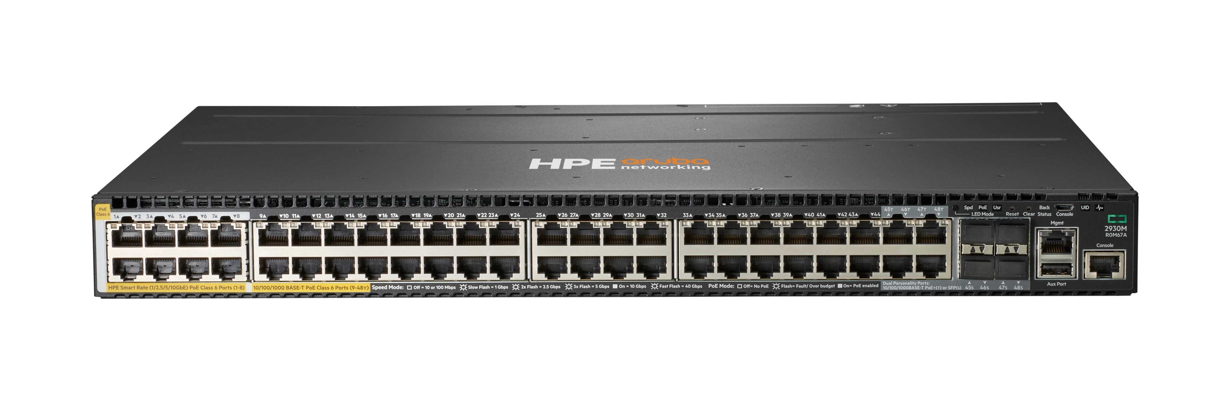 R0M67A - HPE Aruba 2930M 40G 8 HPE Smart Rate PoE Class 6 1-slot Switch - Switch - L3 - managed - 36 x 10/100/1000 + 4 x Kombi-Gigabit-SFP + 8 x 1/2.5/5/10GBase-T (PoE Class 6)